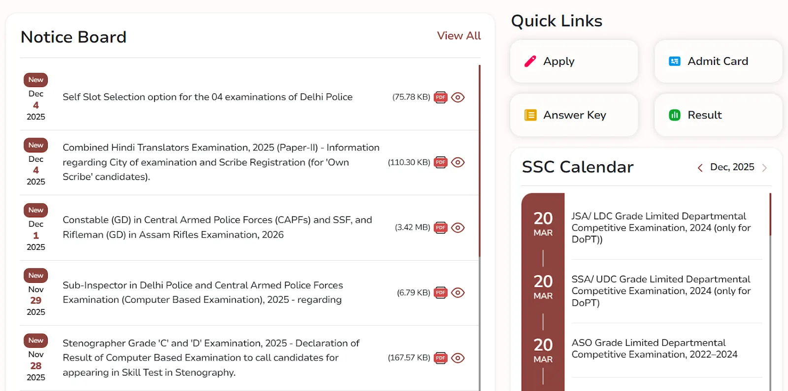 SSC notice board and quick links section