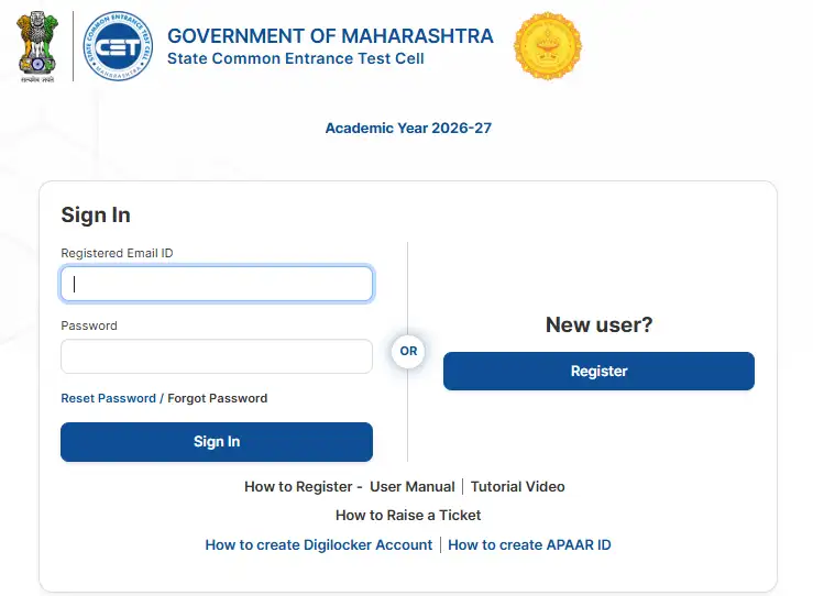 Maharashtra CET Cell 2026–27 login page.webp