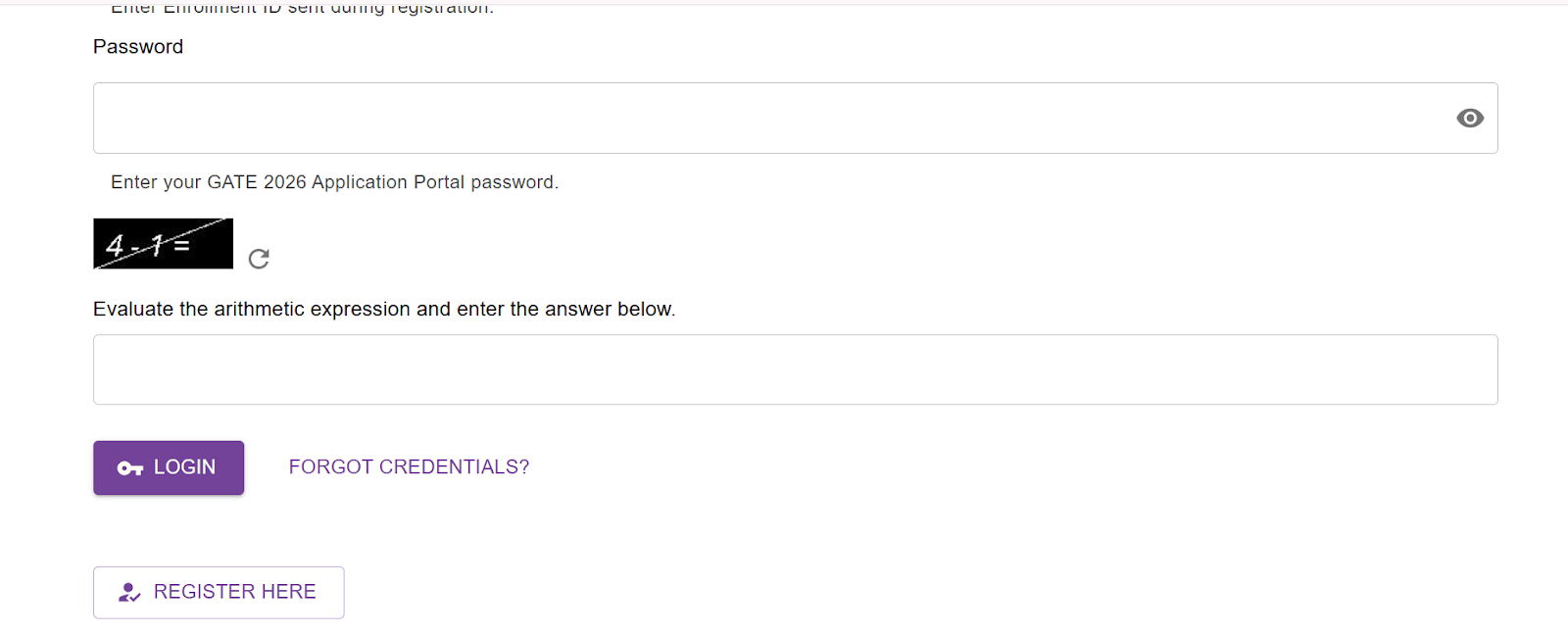 GATE 2026 application portal login page with password.png