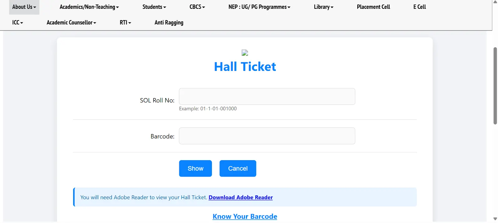 DU SOL Admit Card Login page.webp