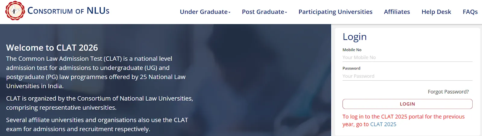 CLAT 2026 login page of Consortium of NLUs.webp