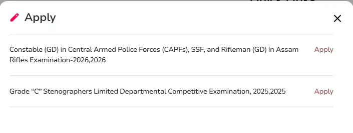 SSC Apply Exams List Popup