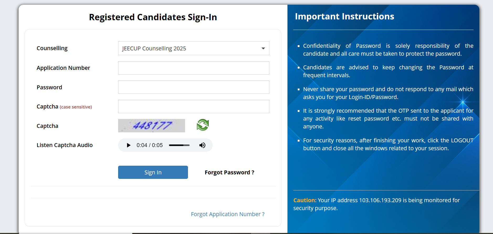 JEECUP 2025 counselling candidate login page.png
