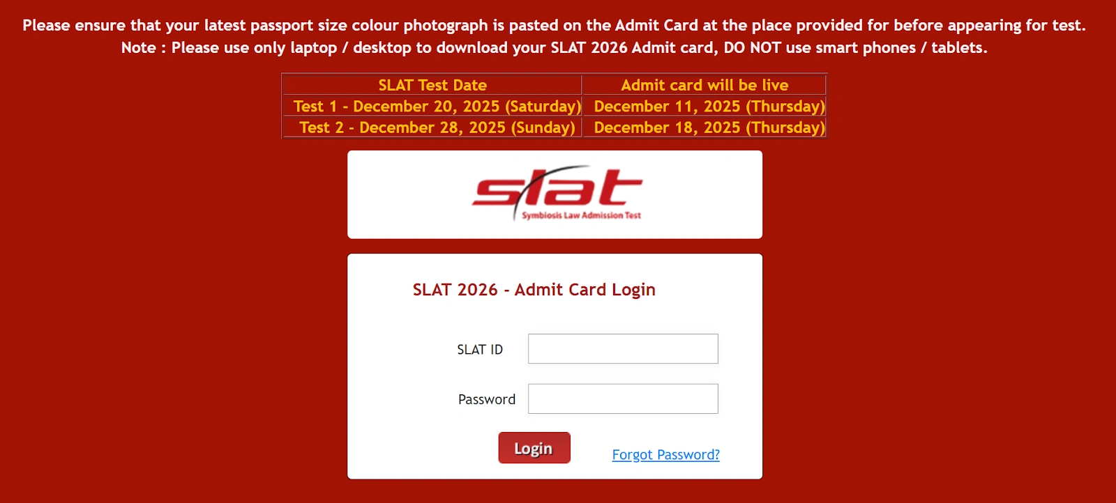 SLAT 2026 Admit Card Login Page.webp