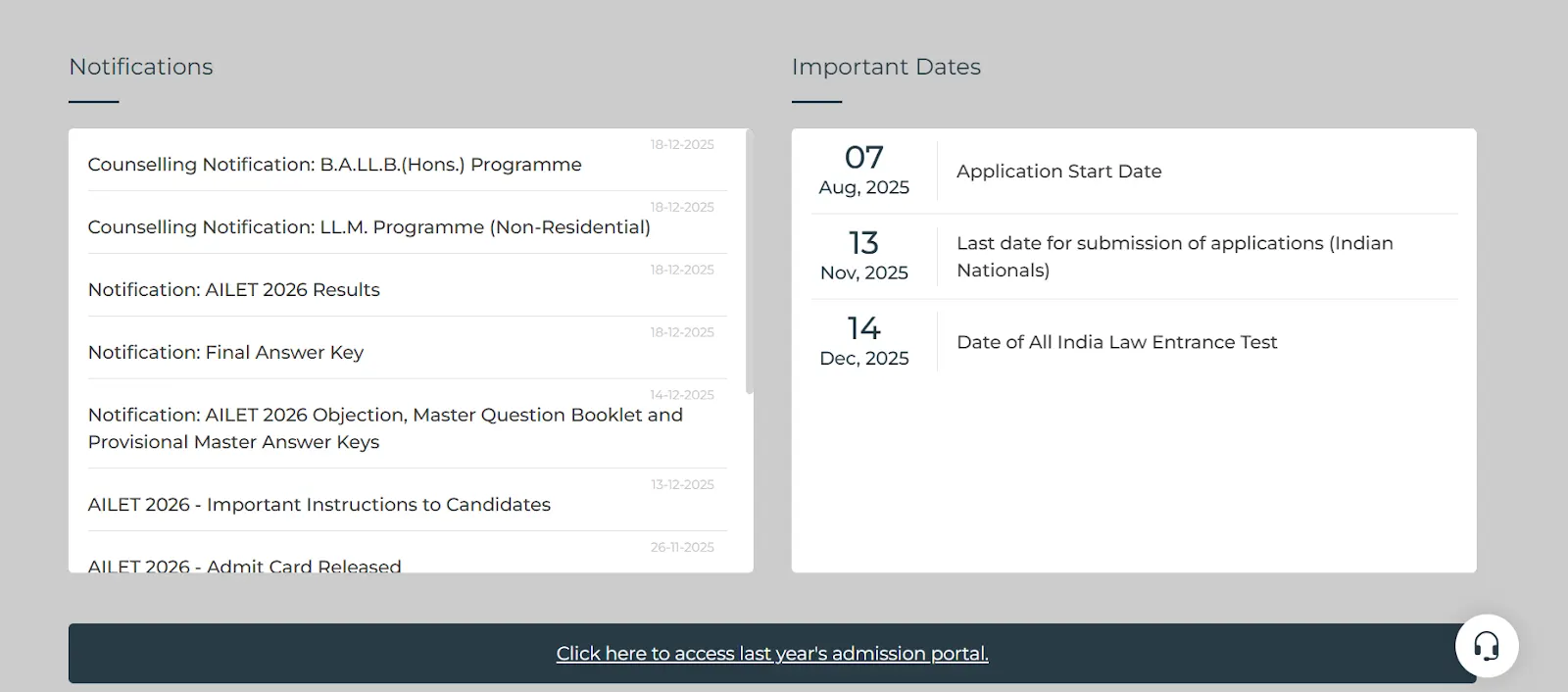 AILET notifications and important dates section