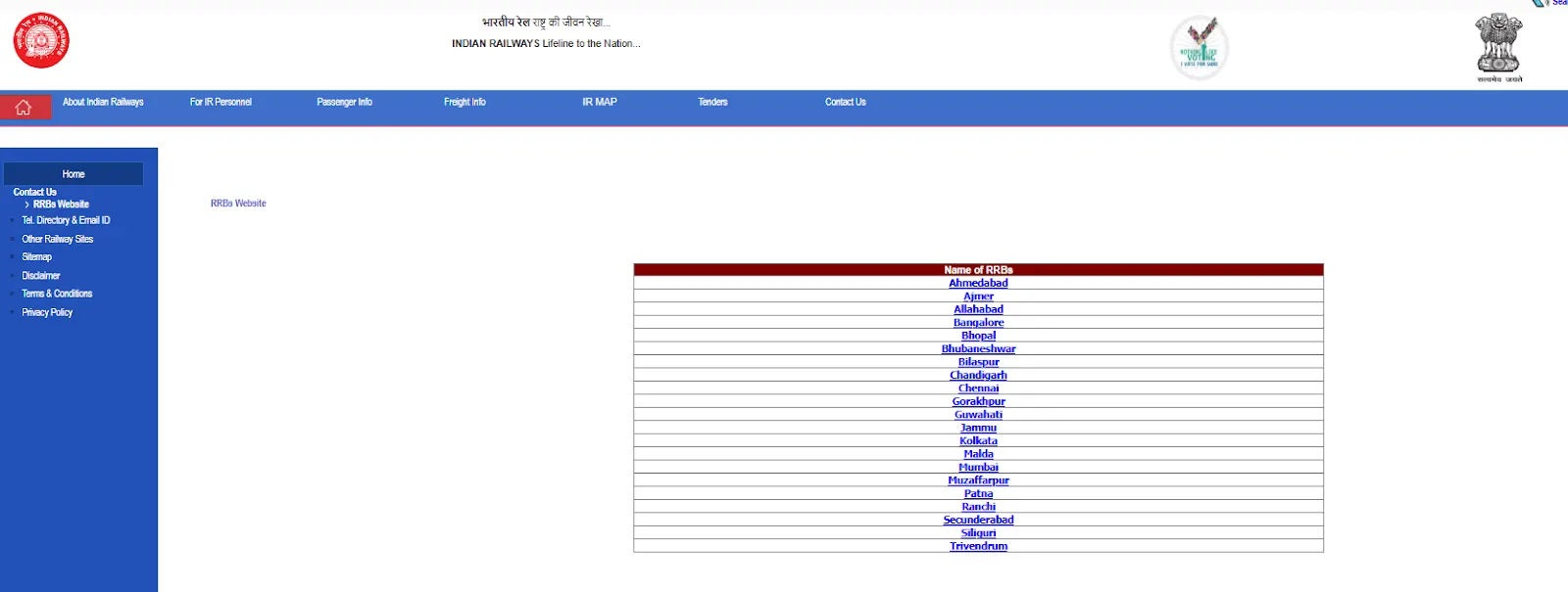 Indian Railways RRB contact information page.