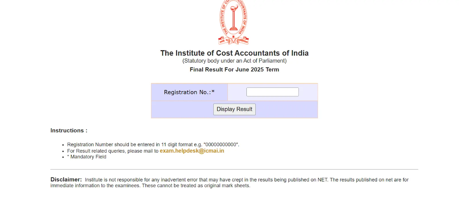 ICMAI Final Result June 2025 login page.webp