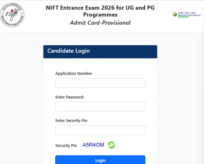 NIFT admit card login page