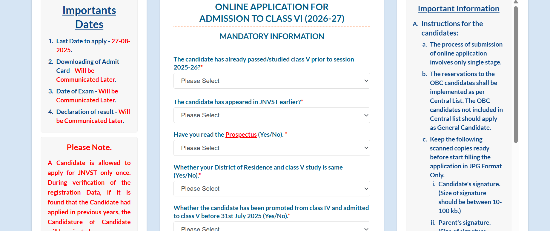 JNVST Class 6 Admission 2026-27 Online Application For.png