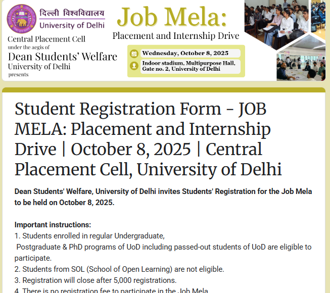 Delhi University Job Mela 2025 Student Registration Notice.png