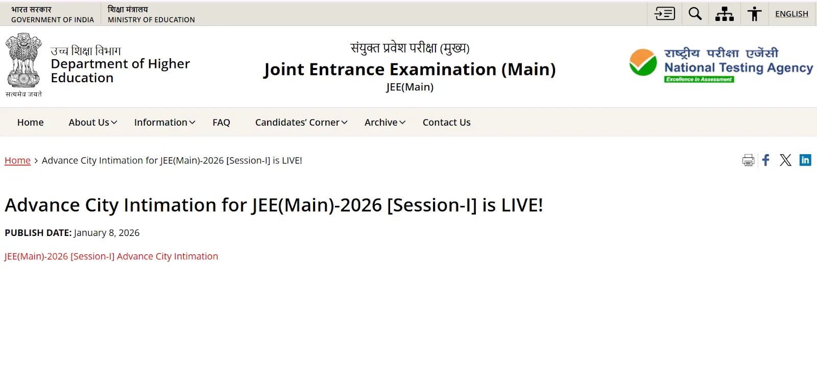 Click on the JEE Main 2026 Session 1 City Intimation Slip link.webp