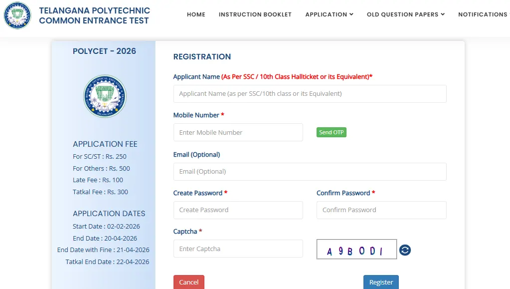 POLYCET 2026 online registration form