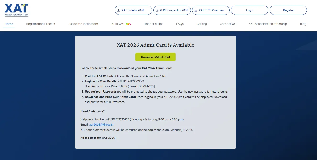 XAT 2026 Admit Card download notification page