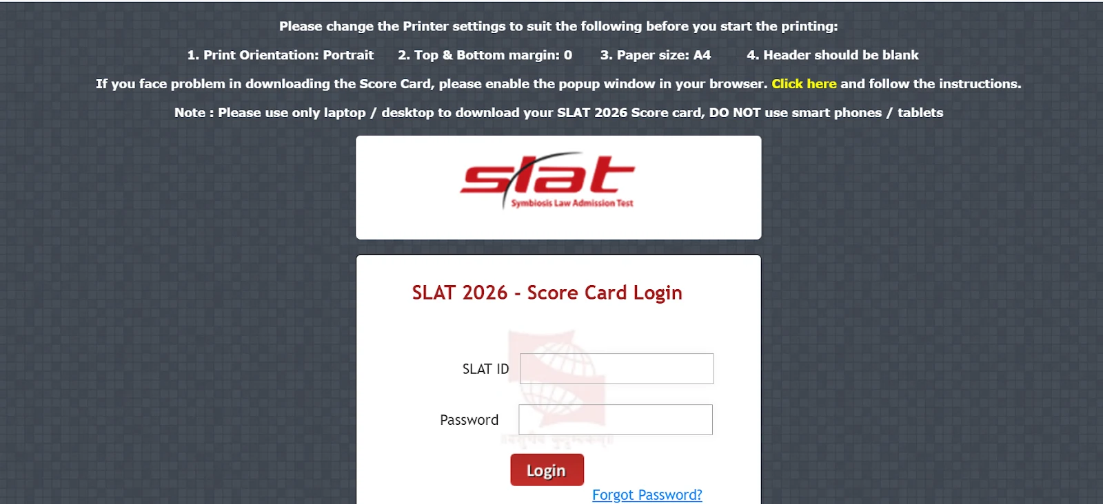 SLAT 2026 Score Card Login Page.webp
