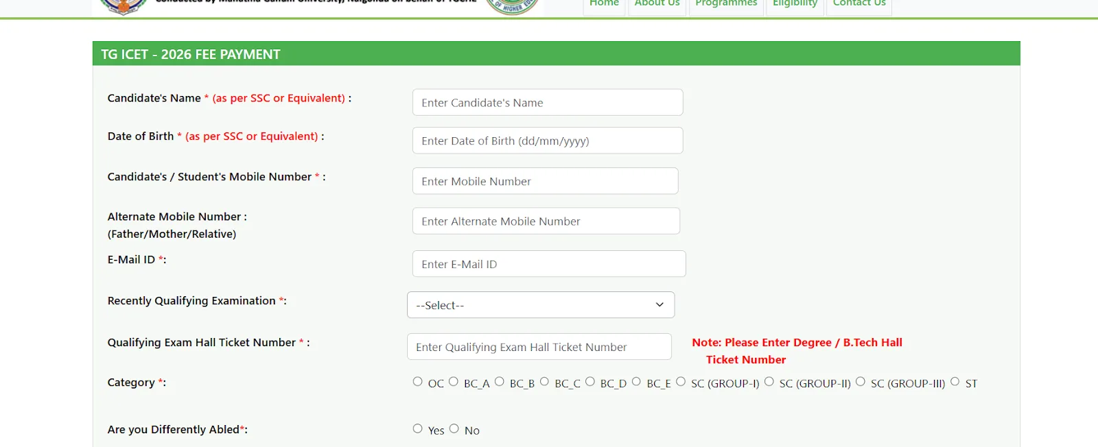 TG ICET 2026 Fee Payment Form