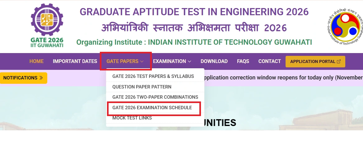 GATE 2026 website menu showing GATE Papers and Exam Schedule option.webp