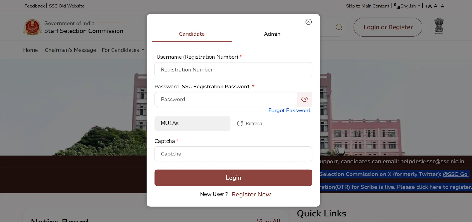 SSC candidate login page with registration.webp