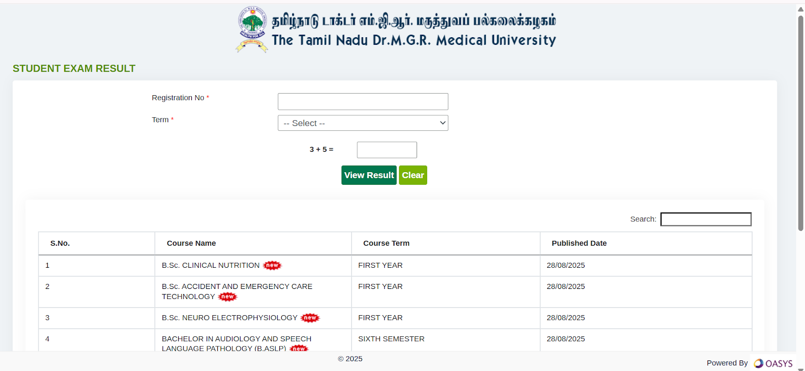 TNMGRMU exam result page with course list.png