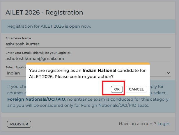 AILET 2026 registration confirmation popup..webp