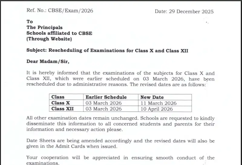 CBSE Update Class X exam on 11 March 2026, Class XII on 10 April 2026.webp