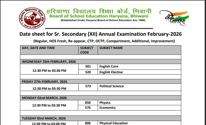 HBSE Class 12 date sheet February 2026.webp