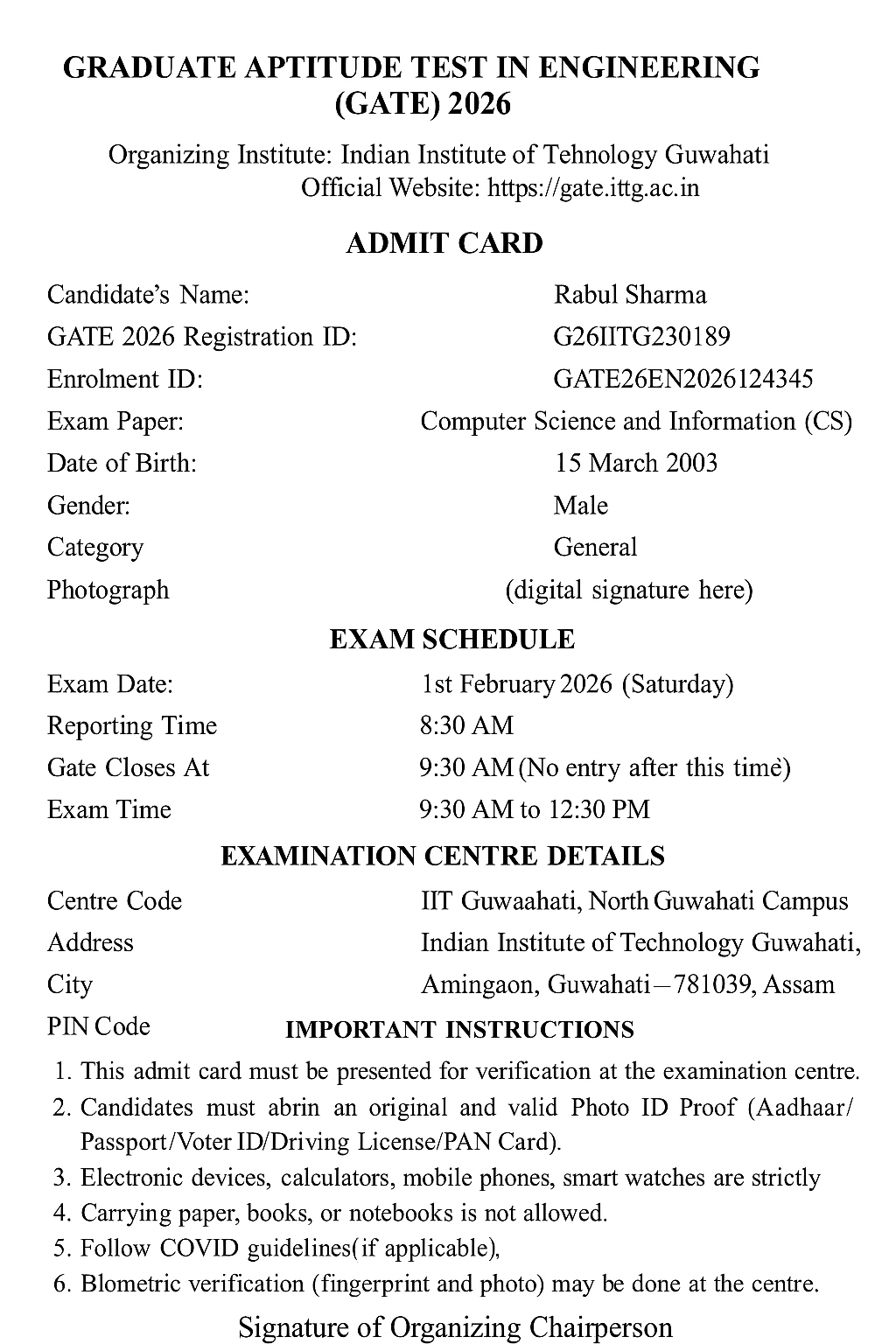 GATE 2026 Admit Card with Exam schedule and Centre Details.png