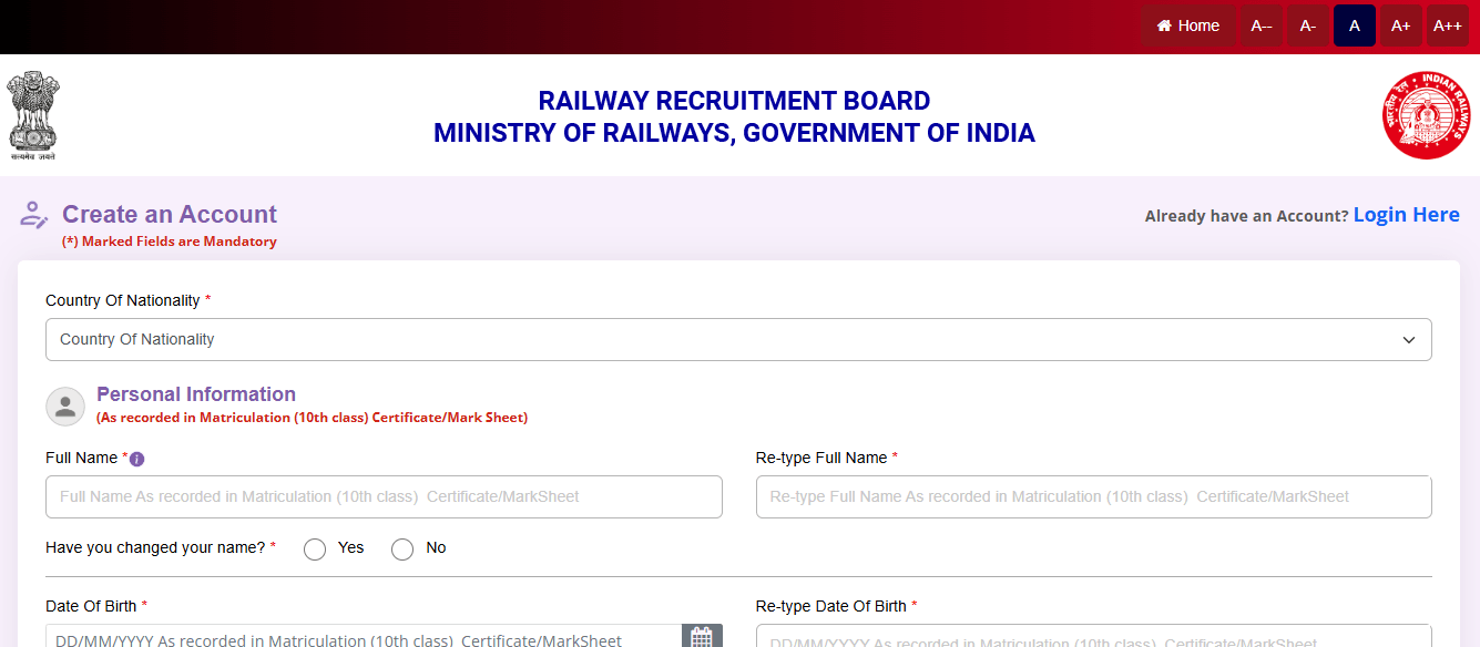 RRB Registration Page Showing Create Account.webp