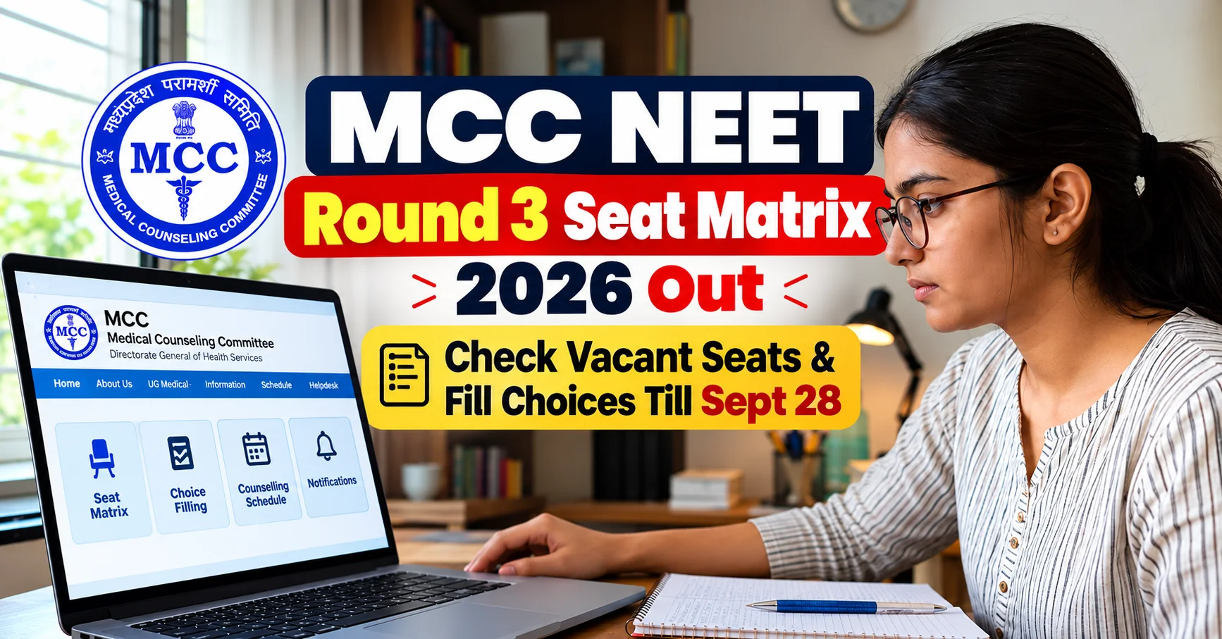 MCC NEET Round 3 Seat Matrix 2026 Out; Check Vacant Seats & Fill Choices Till Sept 28