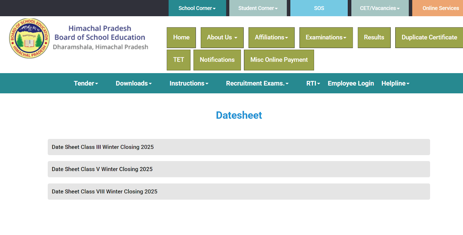 HPBOSE datesheet page showing winter closing 2025 class III, V, and VIII.webp