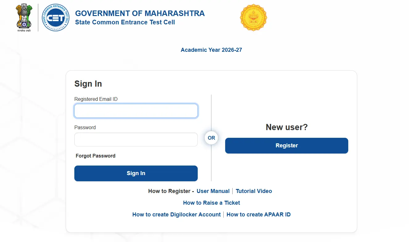 Maharashtra CET 2026 Login Page