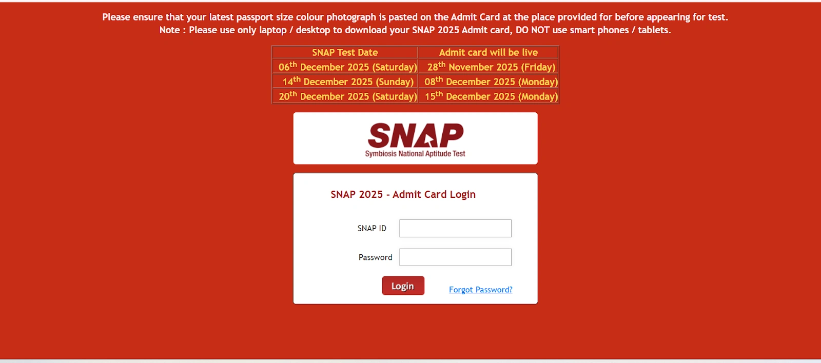 SNAP 2025 Admit Card Login Page.webp