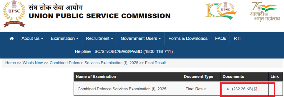 UPSC Combined Defence Services Examination (I) 2025 Final Result PDF download page.png