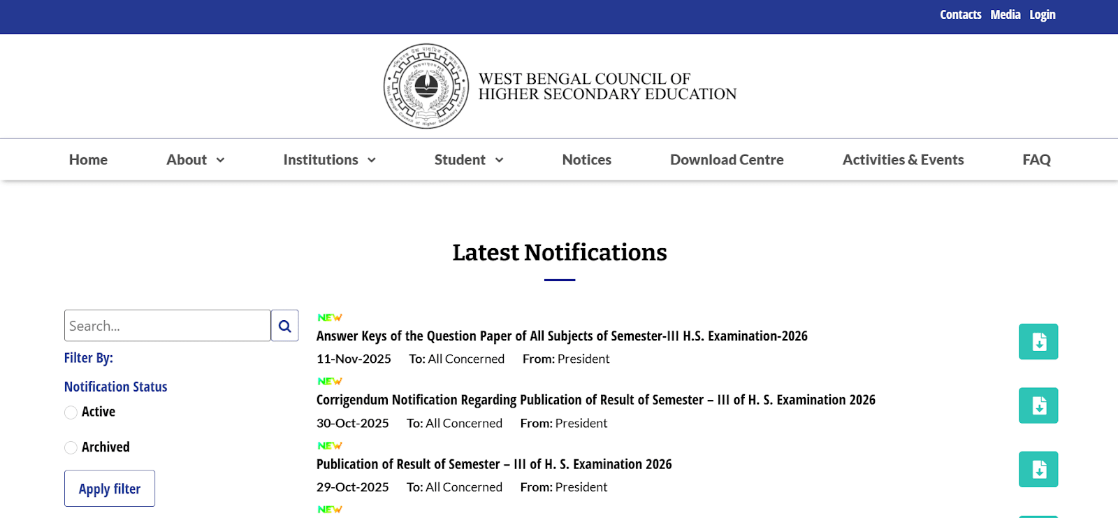 WBCHSE latest notifications page.webp