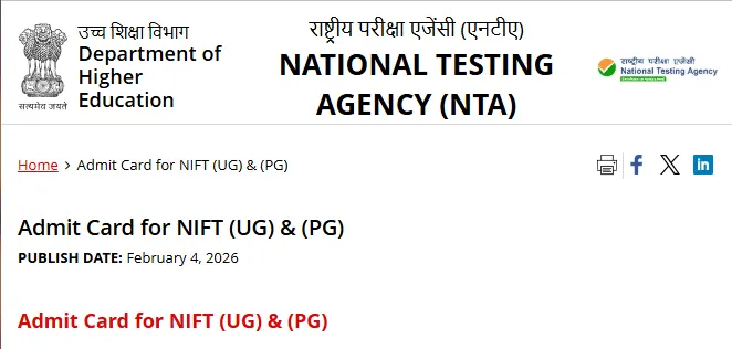 NIFT admit card NTA page