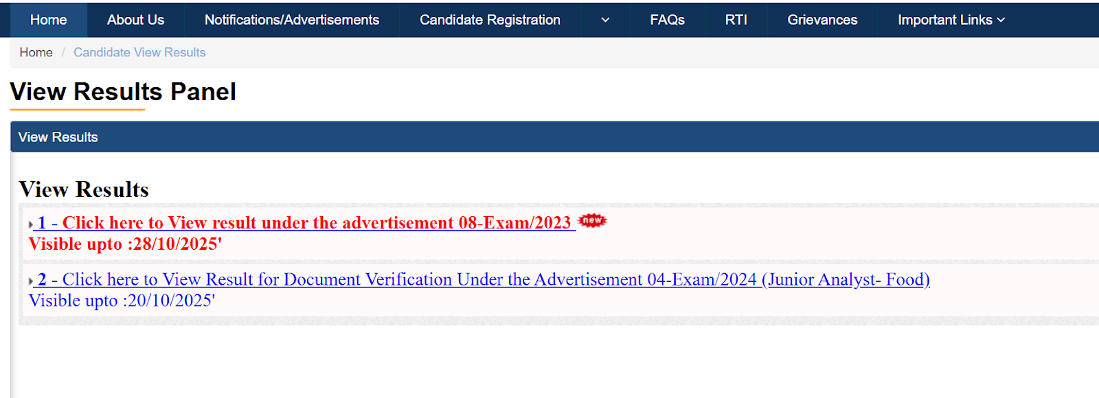 UPSSSC Result Panel with Exam Result links.webp