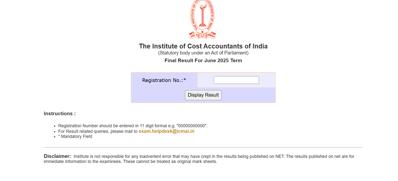 ICMAI Final Result June 2025 login page.png