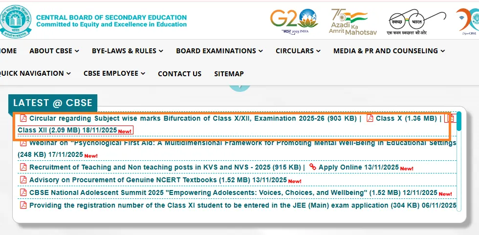 Find the notification CBSE Latest Circular Class 10 & 12.webp