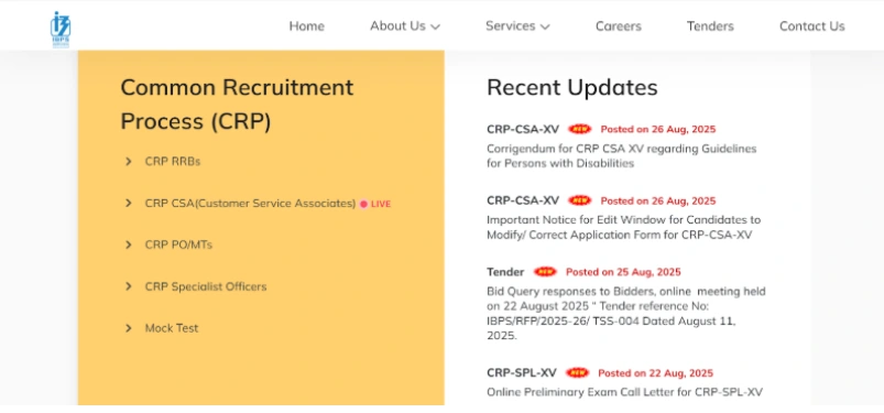 IBPS recruitment categories with exam updates and notices.webp