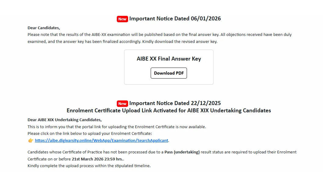 AIBE XX final answer key released; enrolment upload link active.webp
