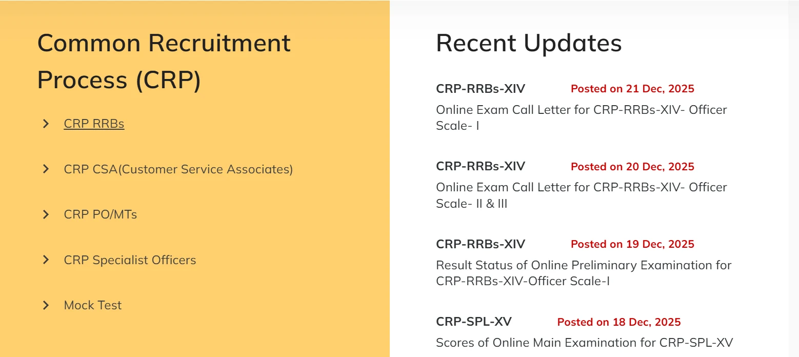 IBPS CRP recruitment page with latest exam updates.webp