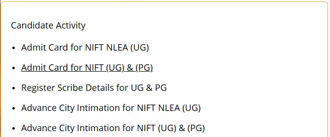 NIFT candidate activity admit card