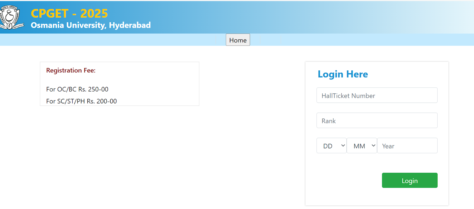 CPGET 2025 Osmania University login and fee details.png