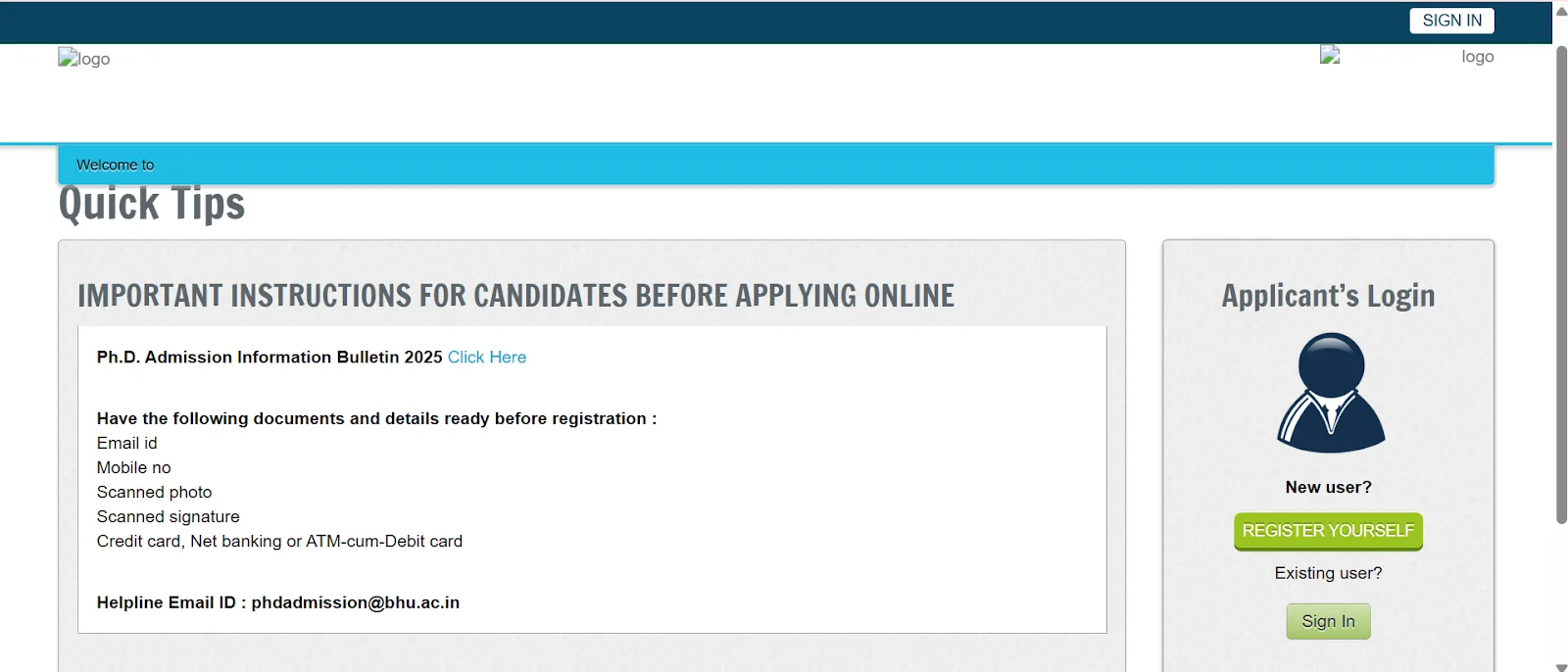 BHU Ph.D. admission instructions and applicant login page.webp