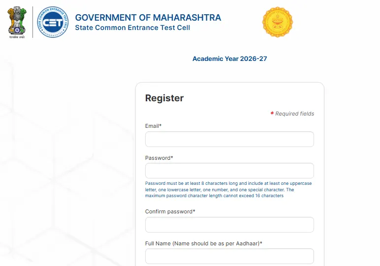 Maharashtra CET Cell 2026–27 new user registration page.webp