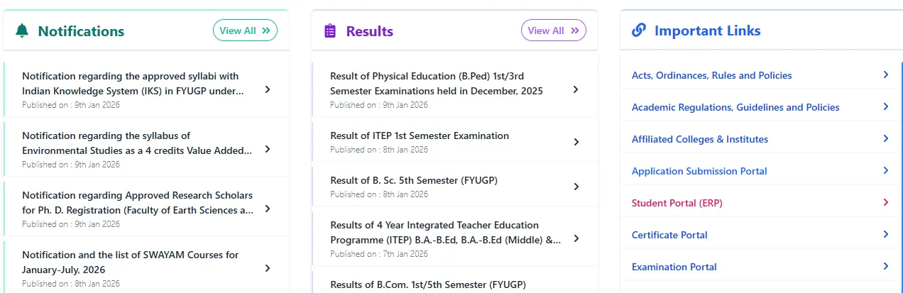 University notifications, results, and important links dashboard.webp
