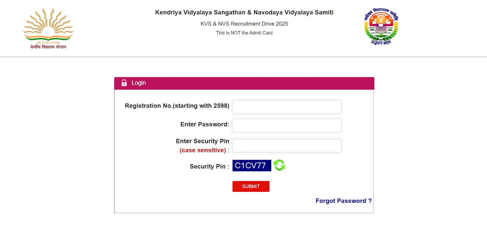 KVS NVS Recruitment Login Page