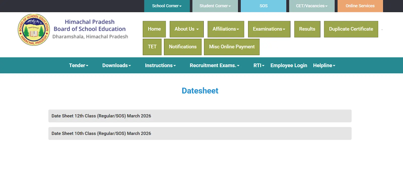 HPBOSE Date Sheet page showing 10th and 12th class links.webp