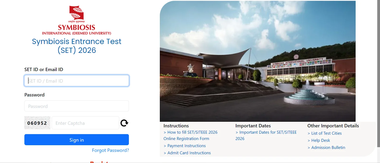 Symbiosis Entrance Test (SET) 2026 login page.webp
