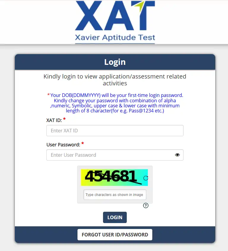 XAT login page with XAT ID, password and captcha entry