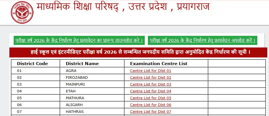 UP Board exam centre list 2026 page